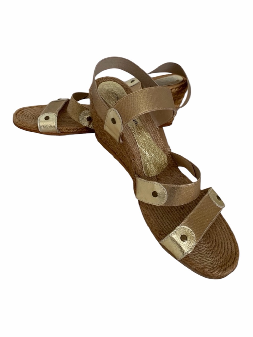 Eric Michael Women 42 Gold Tan Jute Wedge Sandals Studded Open Toe Metallic